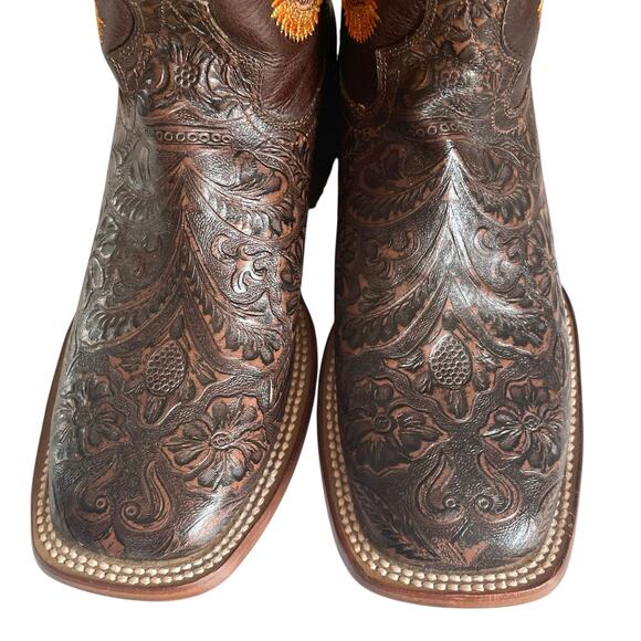 Reywelt Western Boots Embossed Leather Sunflower Embroidery Size 8 Square Toe - Picture 6 of 13